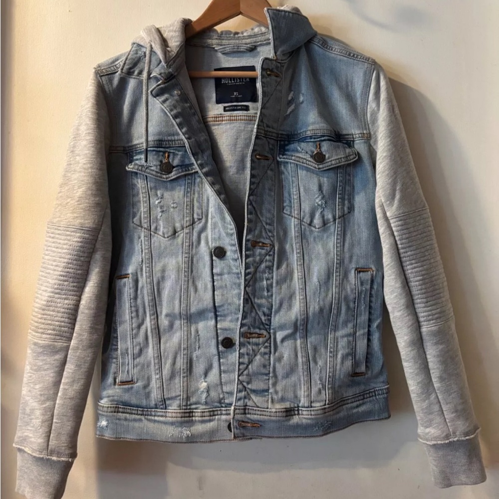 Hollister Light Blue Denim Jacket with Gray Sleeves